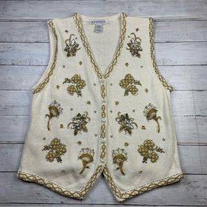 Vintage Claudia D Christmas Sweater Vest Size L Cream Pearl Gold Silver Beads